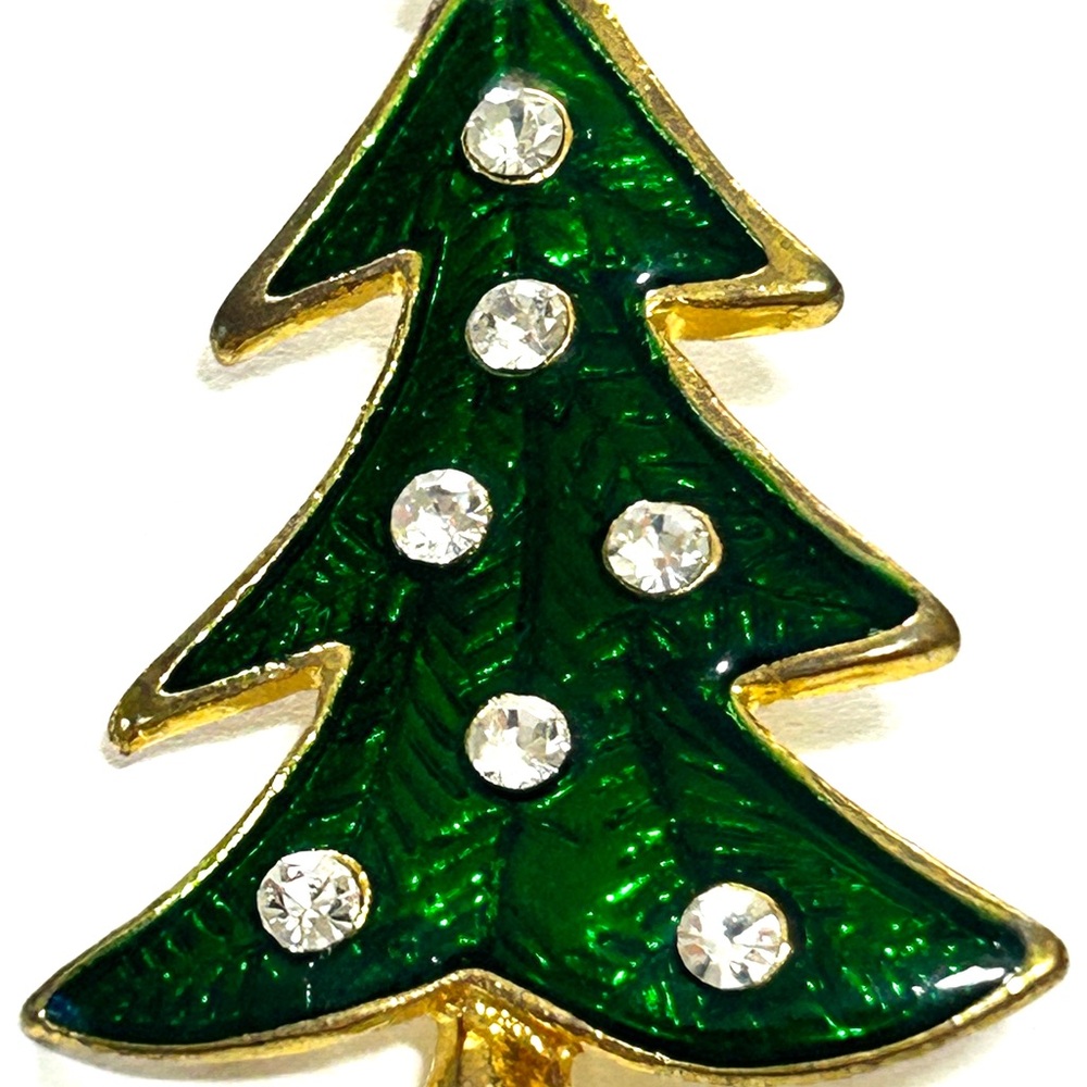 LIA Signed Christmas Tree Brooch Pin Green Enamel Bezel Set Clear Rhinestone